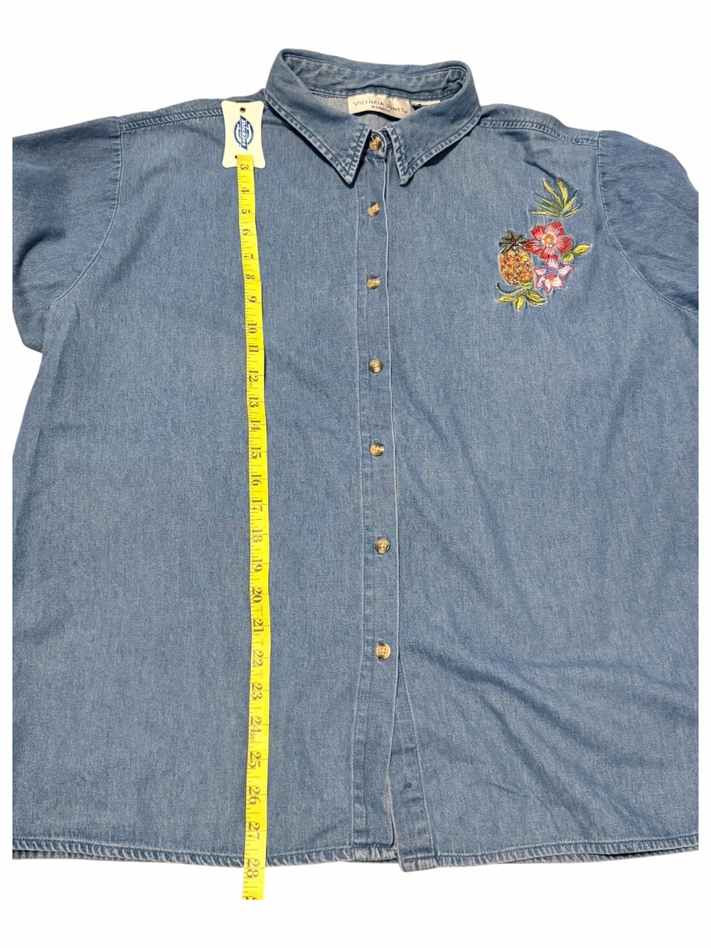 Embroidered Pineapple Denim Button-Up Shirt